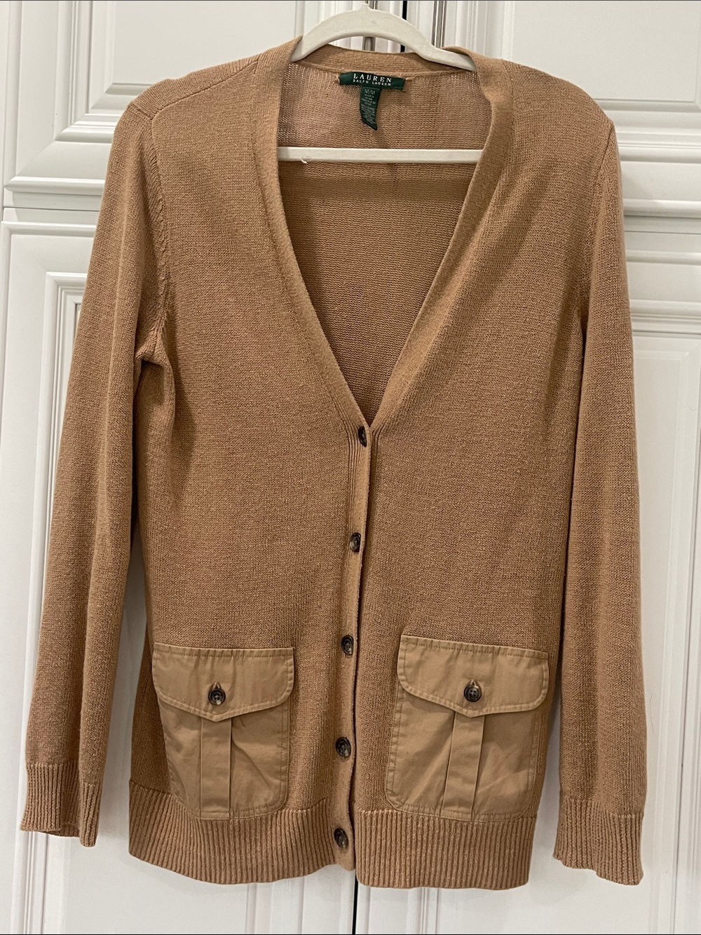 Lauren Ralph Lauren Camel Button-Front V-Neck Cardigan with Front Pockets size M